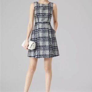 Reiss Peron Dress Fit And Flare Cocktail Mini Dress Sleeveless Pockets Navy Grey